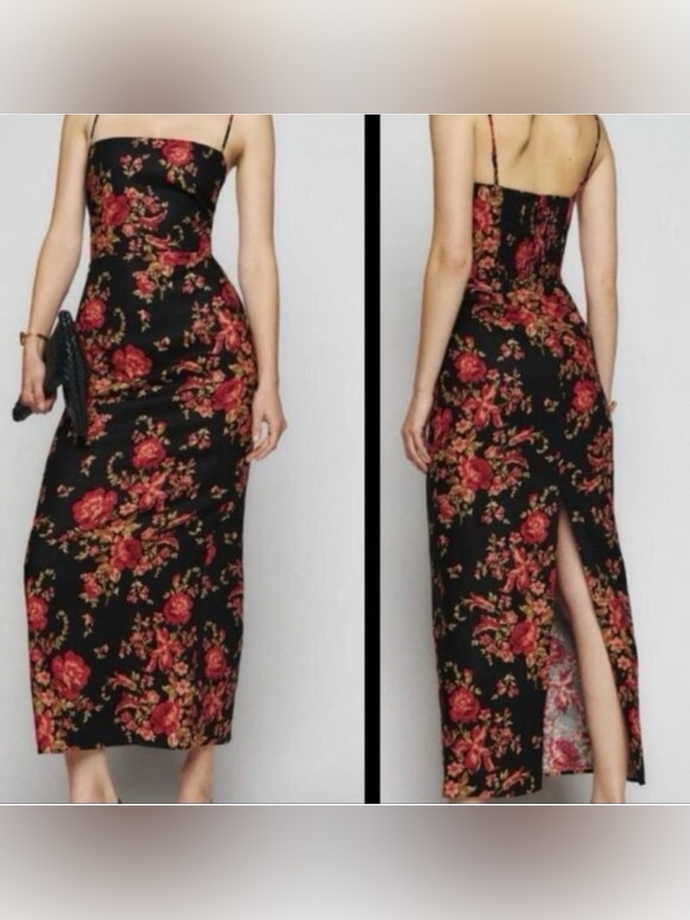 Reformation Linen Frankie Midi Dress Women’s 0 Black & Red Floral Formal Wedding - Picture 3 of 16